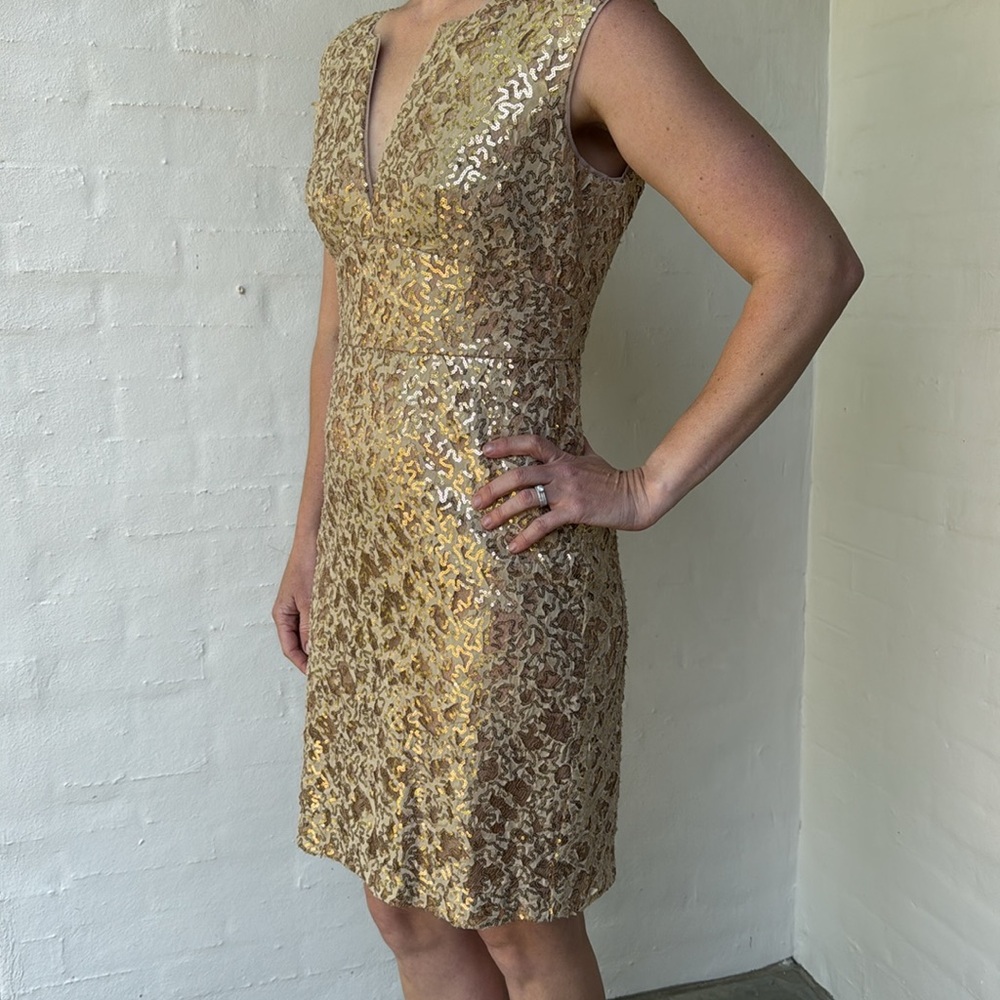 BCBG Gold Dress with open back.